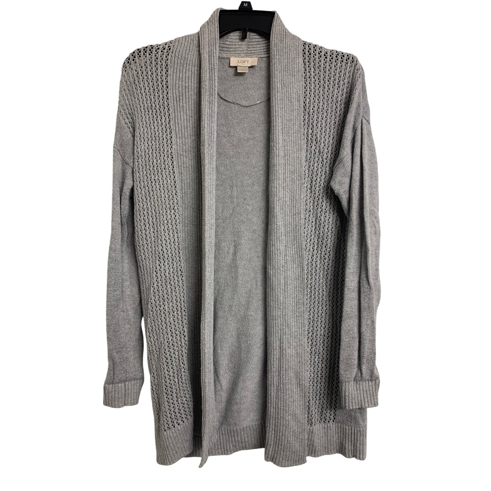 LOFT Gray Pointelle Knit Open Front Cardigan Sweater Cotton Blend Minimalist S
